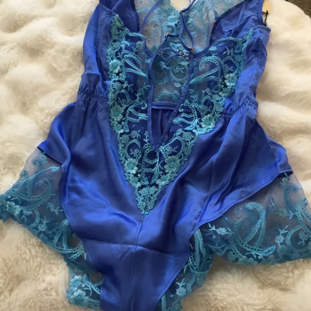 Cosabella Royal Blue Satin Chemise with Teal Lace Trim